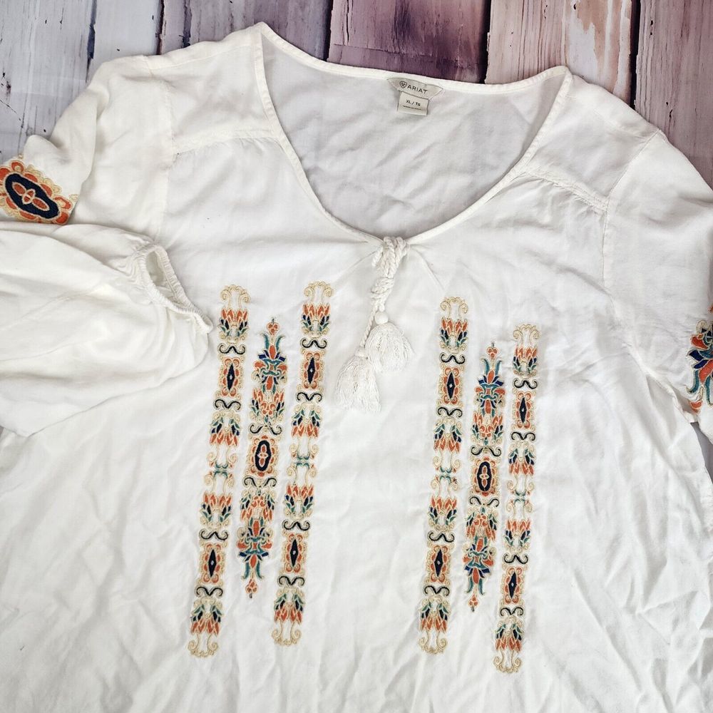 Ariat Shirt Womens XL White Freedom Tunic Aztec Bell Sleeve Cowgirl Western